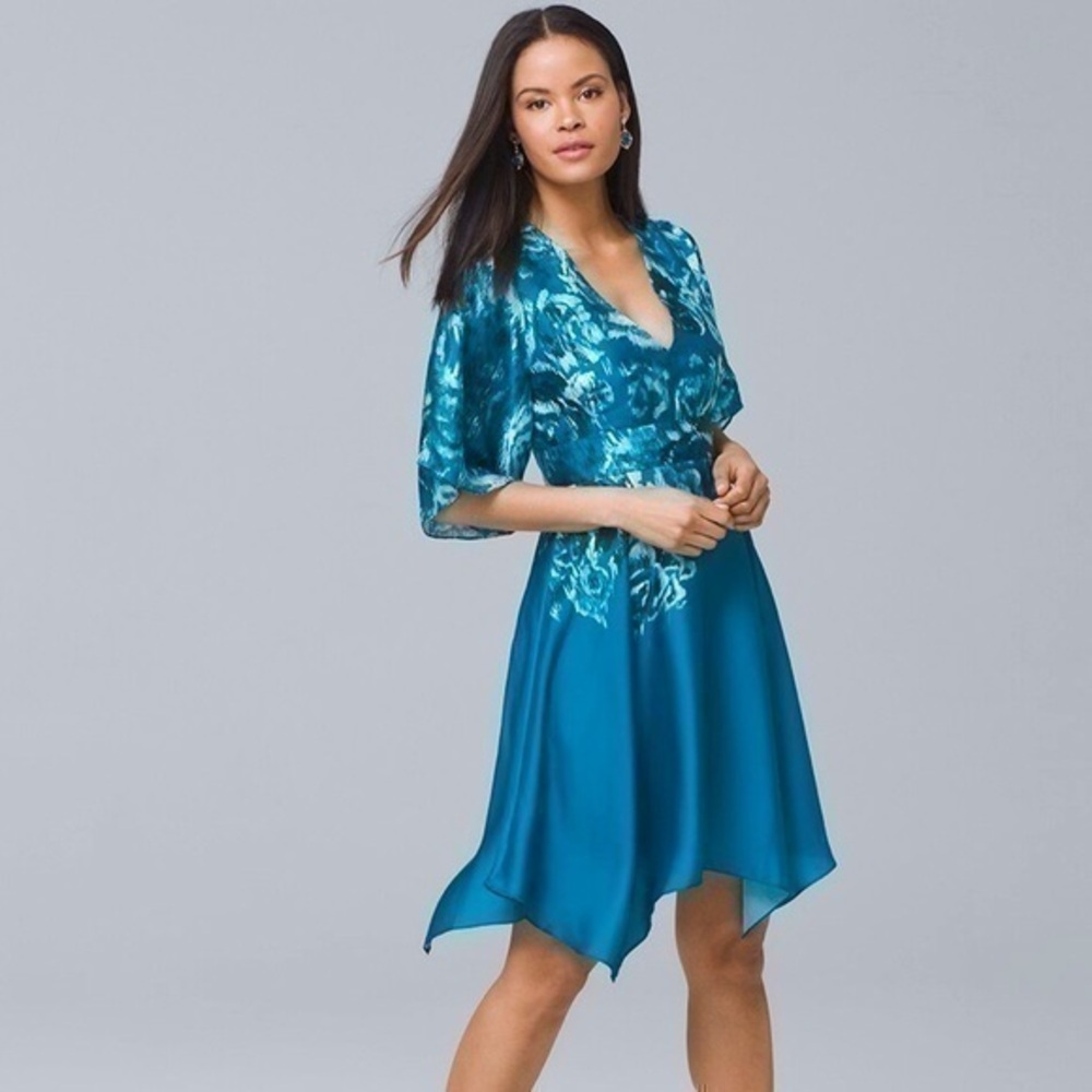 White House Black Market V-Neck Floral Satin Fit-And-Flare Dress